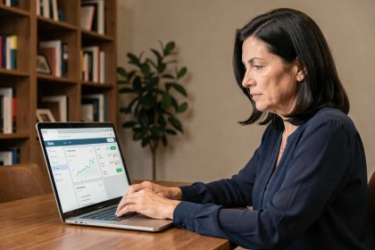 Femme consultant ses relevés d'assurance-vie en ligne sur un ordinateur portable dans un bureau à domicile