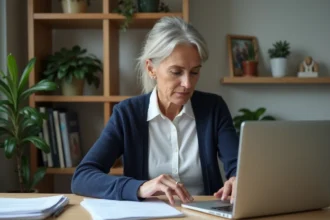 Femme concentrée au bureau à la maison avec ordinateur