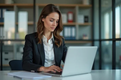 Femme professionnelle au bureau utilisant son ordinateur