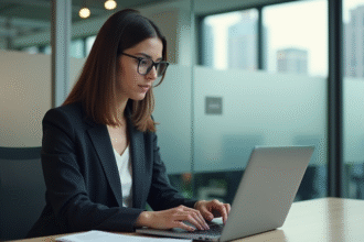 Femme professionnelle au bureau utilisant un logiciel de reconnaissance de texte