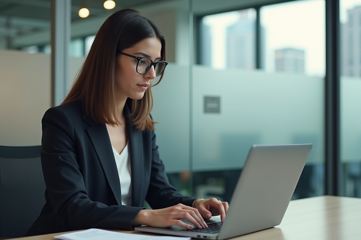 Femme professionnelle au bureau utilisant un logiciel de reconnaissance de texte