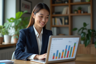 Jeune femme au bureau analysant un graphique de mots-clés longs