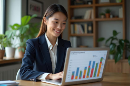 Jeune femme au bureau analysant un graphique de mots-clés longs