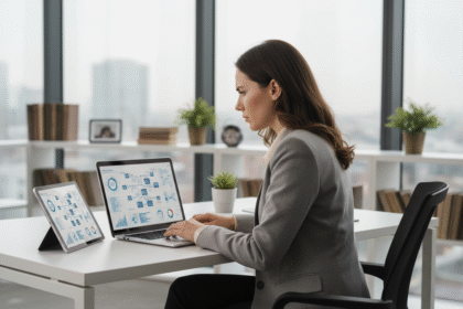 Femme en bureau analysant un diagramme réseau