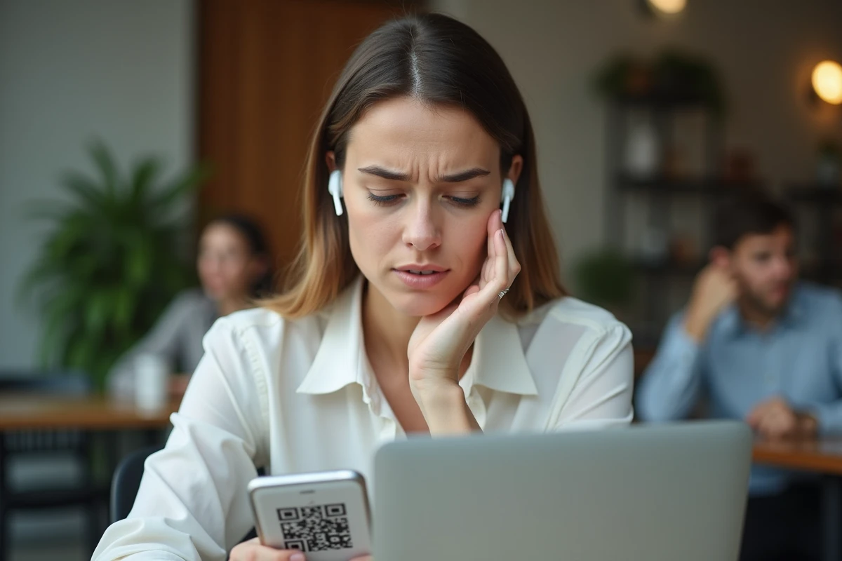 Femme au bureau avec ordinateur et smartphone en main