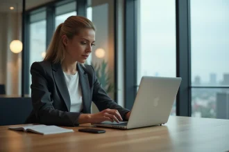 Femme d affaires au bureau regardant son ordinateur portable