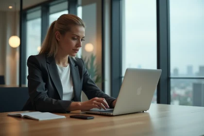 Femme d affaires au bureau regardant son ordinateur portable
