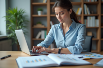 Femme au bureau travaillant sur Excel dans un espace moderne