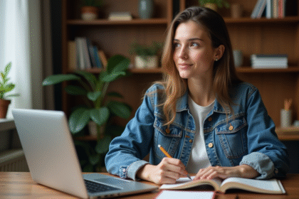 Jeune femme en bureau cosy travaillant sur SEO