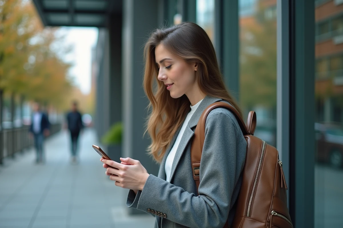 Femme avec sac à dos vérifiant ses emails dehors