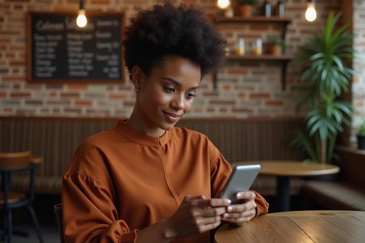 Femme dans un café consultant un réseau communautaire en ligne sur son smartphone avec une expression concentrée