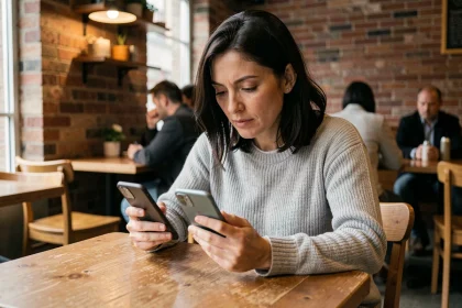 Femme comparant deux smartphones dans un café pour trouver le meilleur rapport qualité-prix