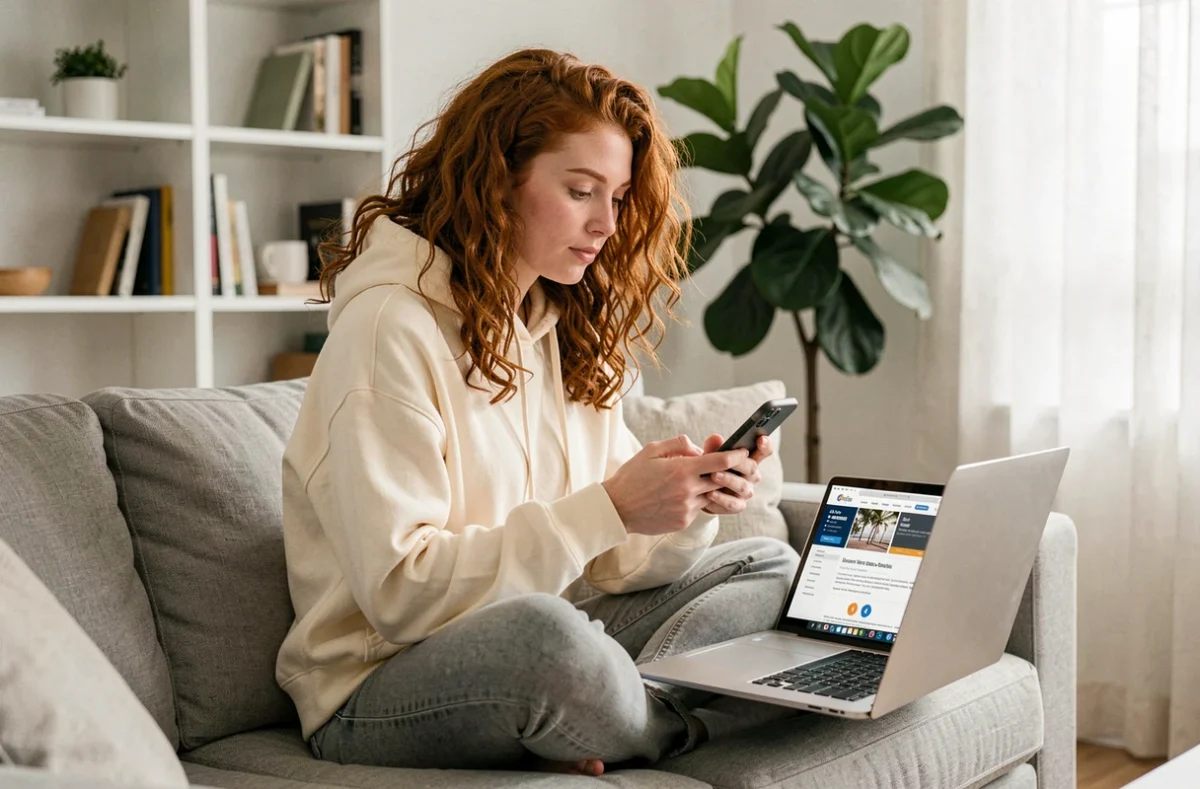 Jeune femme comparant des smartphones en ligne depuis son salon pour trouver le meilleur prix