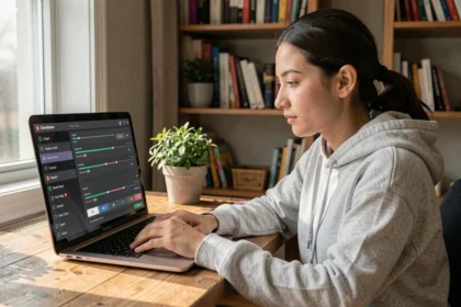 Jeune femme utilisant un convertisseur YouTube sur son ordinateur portable dans un bureau à domicile