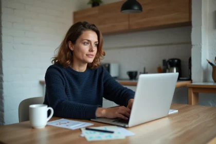 Femme assise à la cuisine en train de taper sur un ordinateur portable
