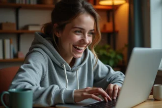 Jeune femme amusée découvrant l'easter egg Google Do a Barrel Roll sur son ordinateur portable