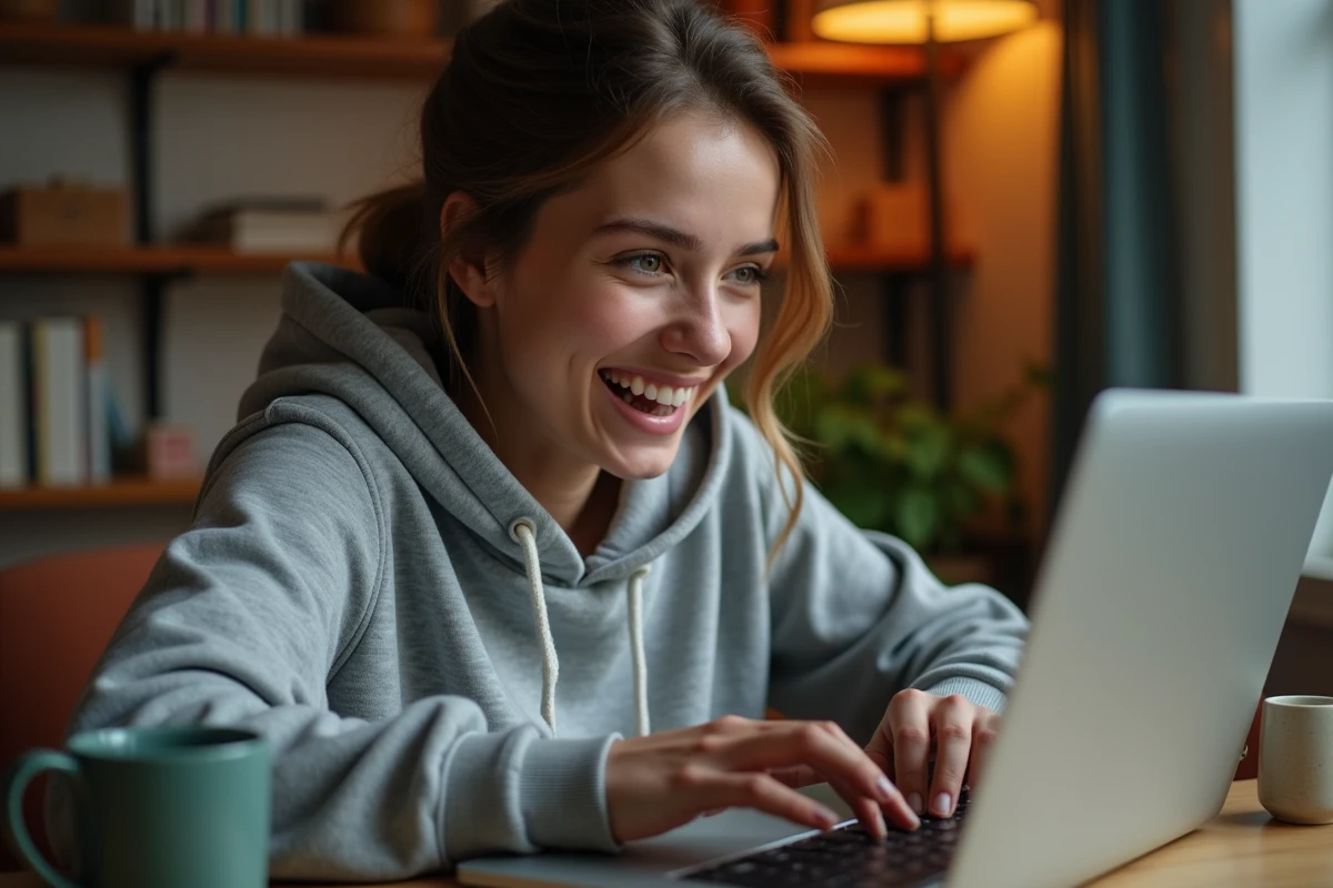 Jeune femme amusée découvrant l'easter egg Google Do a Barrel Roll sur son ordinateur portable