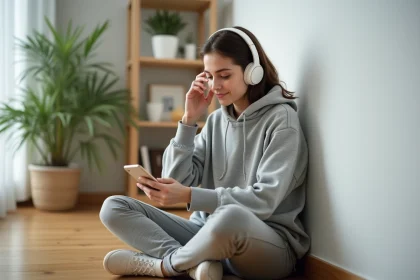 Jeune femme écoutant de la musique YouTube convertie en MP3 via des écouteurs sur-oreille, assise dans un appartement moderne et minimaliste