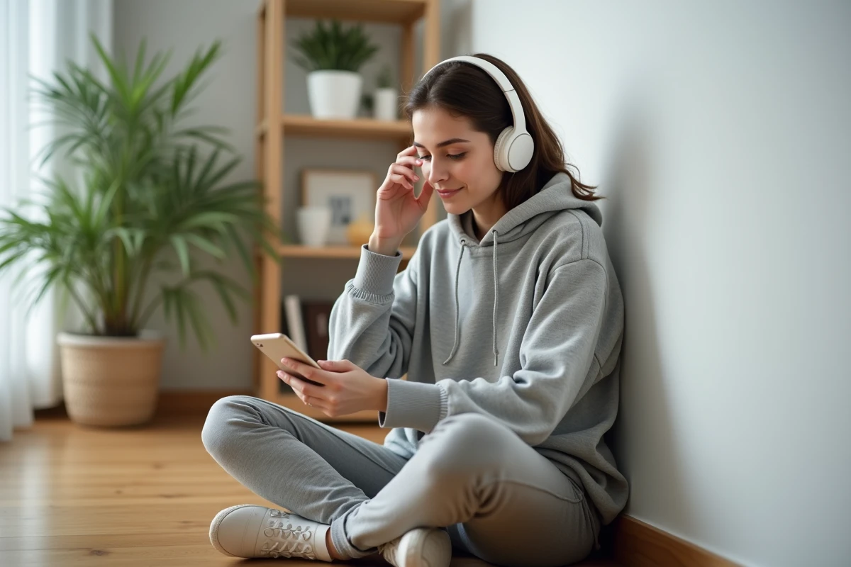 Jeune femme écoutant de la musique YouTube convertie en MP3 via des écouteurs sur-oreille, assise dans un appartement moderne et minimaliste