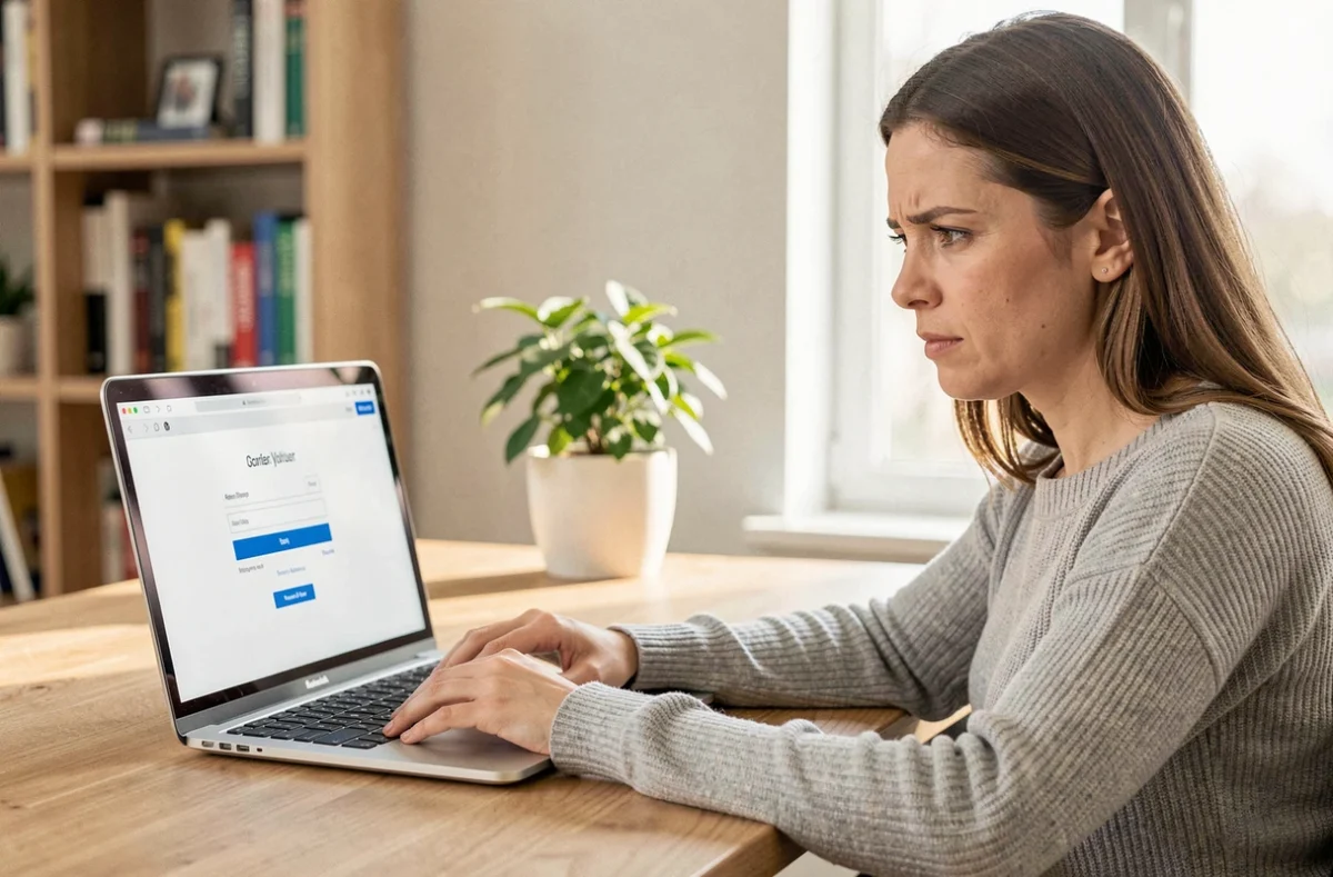 Femme frustrée devant un ordinateur portable affichant une erreur de connexion à la messagerie Wibox