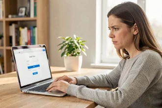 Femme frustrée devant un ordinateur portable affichant une erreur de connexion à la messagerie Wibox