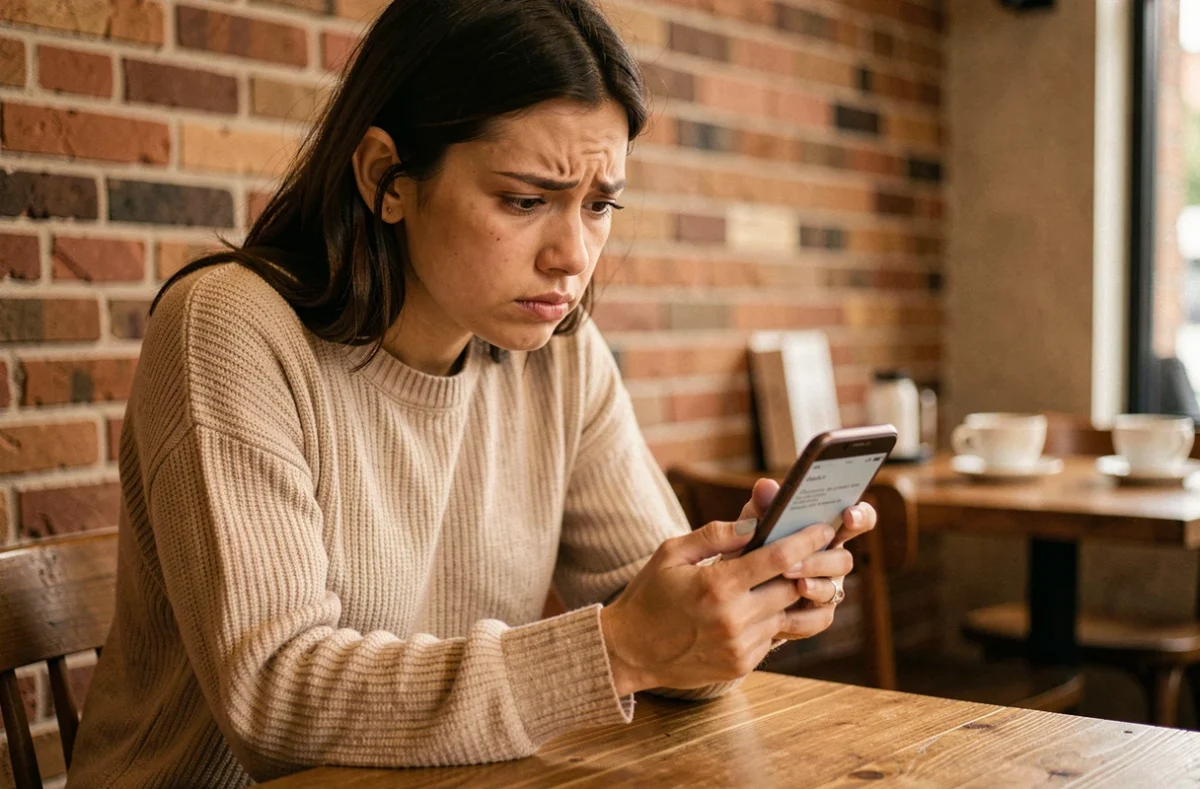 Jeune femme confuse regardant un message d'erreur sur son smartphone dans un café, illustrant une story Instagram indisponible