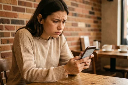 Jeune femme confuse regardant un message d'erreur sur son smartphone dans un café, illustrant une story Instagram indisponible