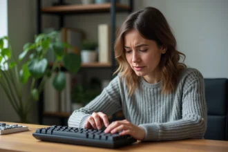 Femme frustrée devant un clavier d'ordinateur affichant une arobase à la place d'un autre caractère