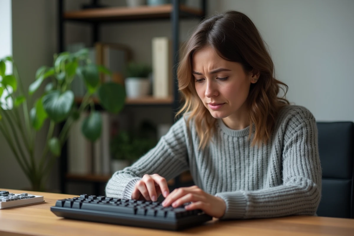 Femme frustrée devant un clavier d'ordinateur affichant une arobase à la place d'un autre caractère