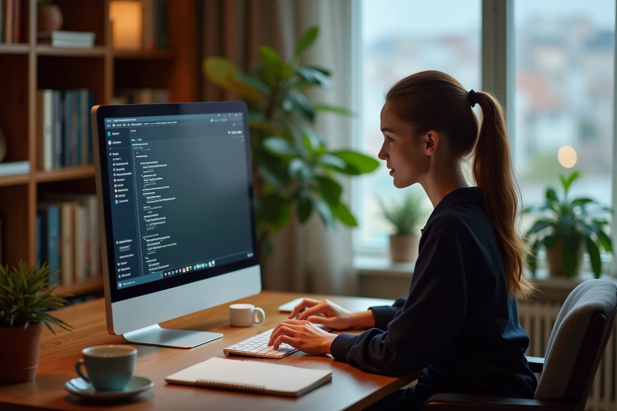 Jeune femme configurant ses paramètres proxy dans un bureau à domicile