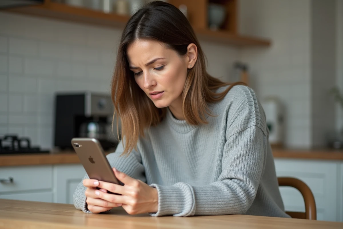 Femme consultant son iPhone à la table de cuisine pour récupérer des SMS après une réinitialisation