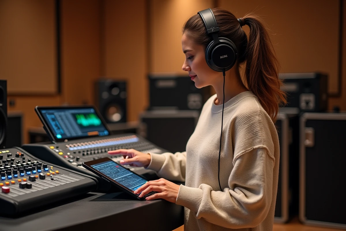Femme utilisant un mixer numérique avec tablette en studio