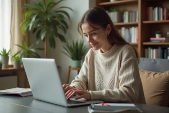 Jeune femme souriante utilisant un ordinateur pour des deals technologiques