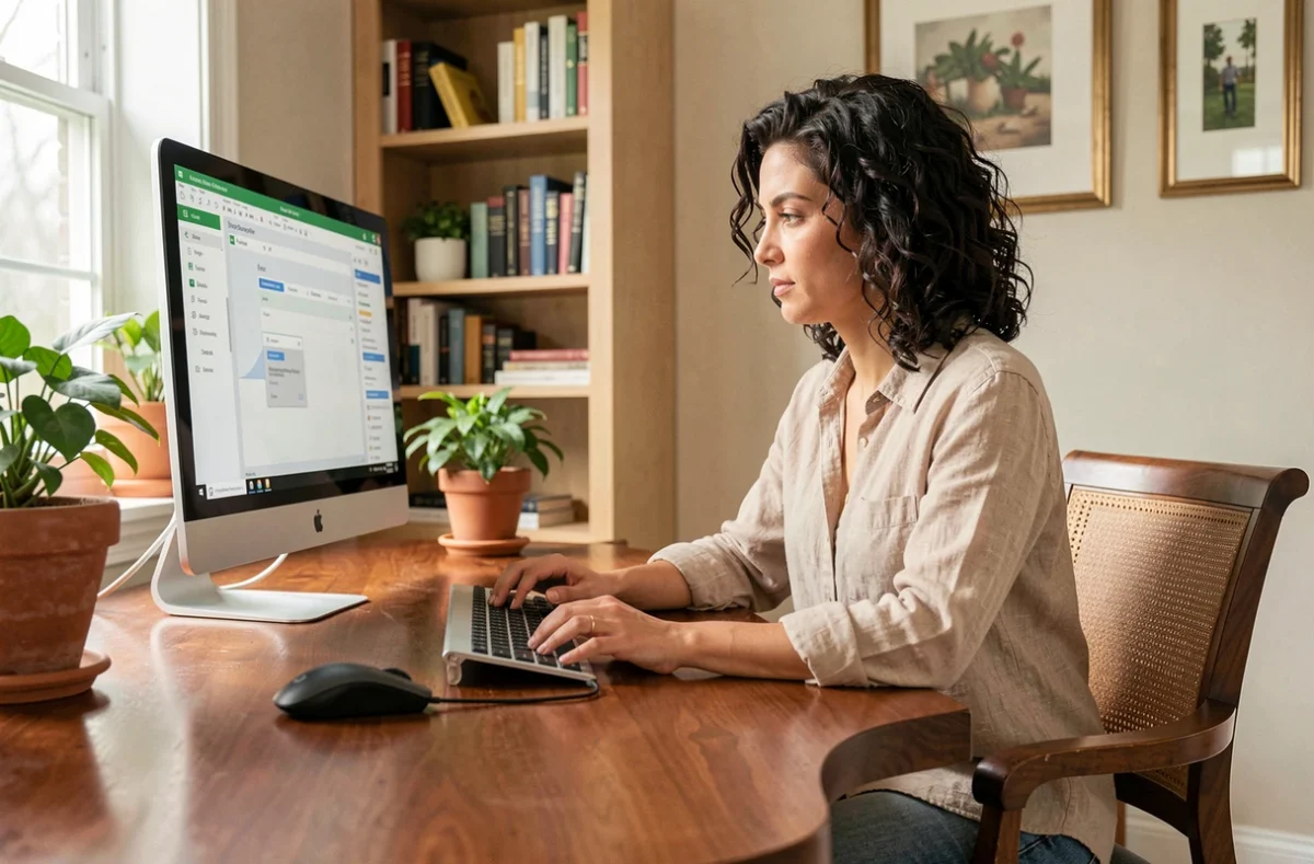 Femme travaillant sur un ordinateur fixe dans un bureau à domicile organisé et chaleureux, illustrant le mode de vie sédentaire