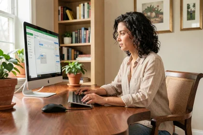 Femme travaillant sur un ordinateur fixe dans un bureau à domicile organisé et chaleureux, illustrant le mode de vie sédentaire