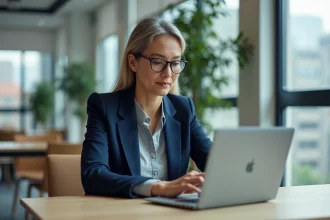 Femme professionnelle configurant les paramètres de messagerie Melanie2web sur un ordinateur portable dans un bureau moderne