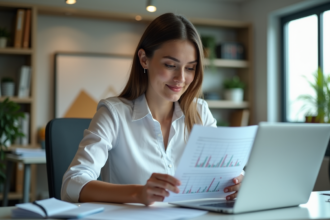 Femme professionnelle comparant données sur ordinateur