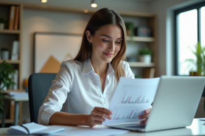 Femme professionnelle comparant données sur ordinateur