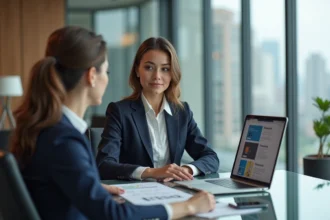 Jeune femme en blazer bleu discute site web avec client