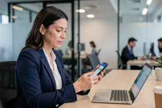 Femme professionnelle utilisant l'application de messagerie Tchap sur son smartphone dans un bureau moderne