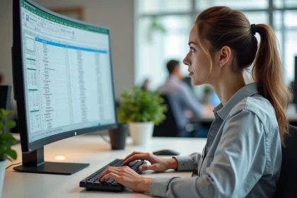 Femme utilisant un raccourci clavier pour figer des lignes et colonnes dans Excel sur un grand écran de bureau