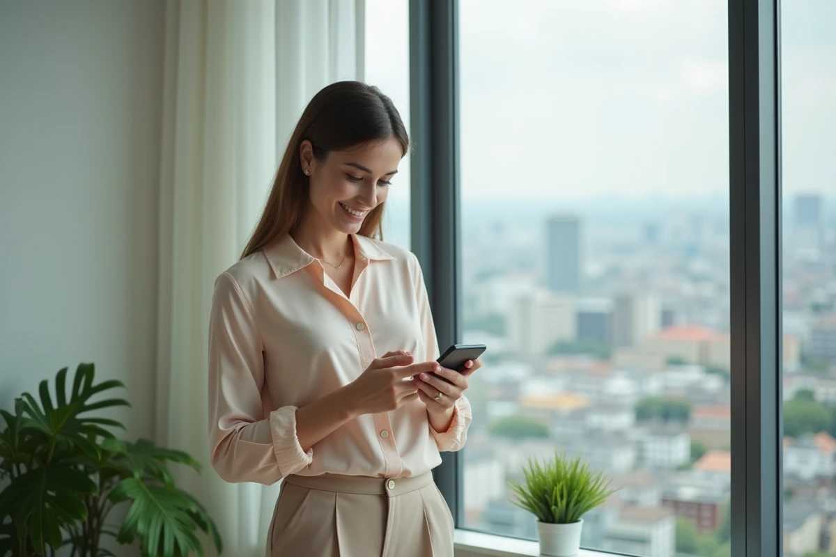 Femme souriante vérifiant ses comptes sur son smartphone dans un appartement lumineux
