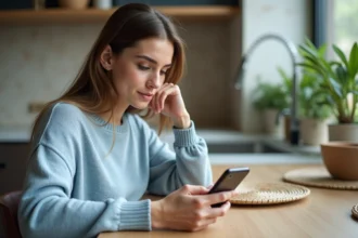 Jeune femme configurant son smartphone dans une cuisine chaleureuse