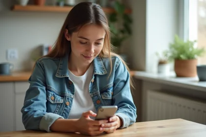 Femme en denim regarde une story Instagram dans un appartement