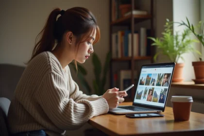 Femme regardant son smartphone dans un cadre cosy