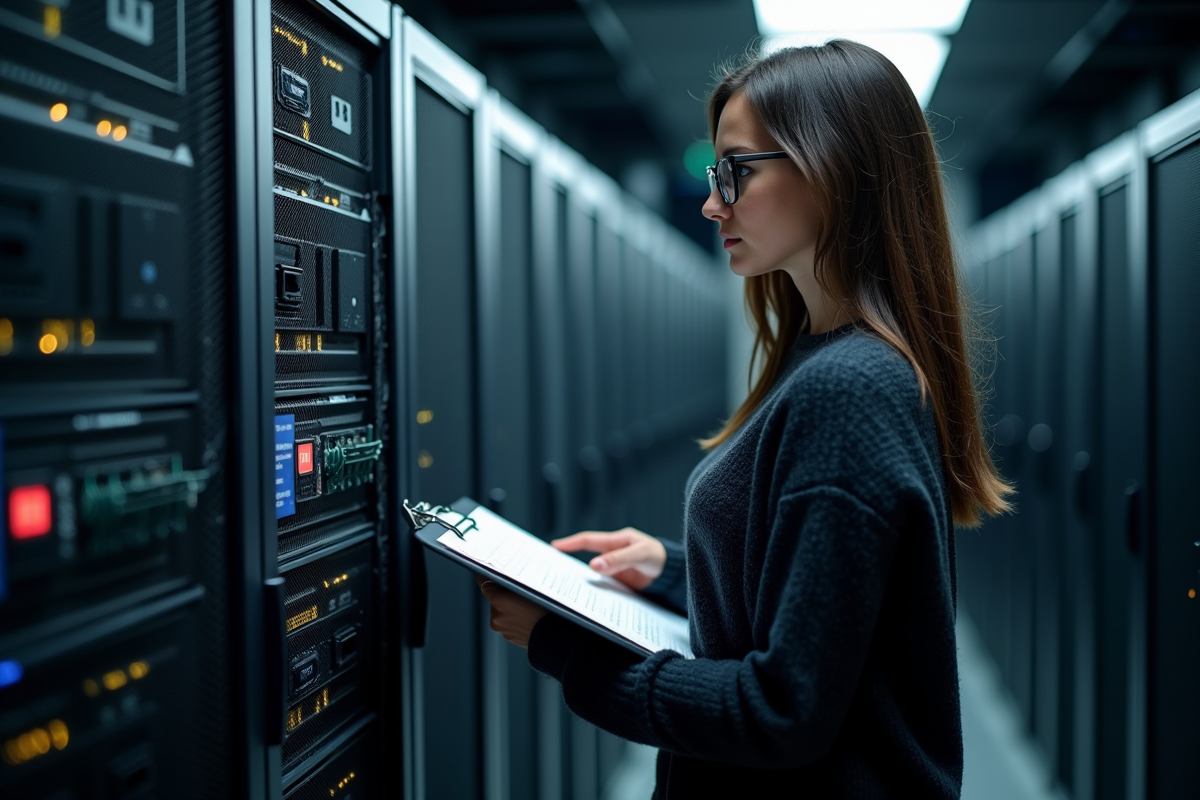 Femme spécialiste en informatique vérifiant un rack de câbles réseau
