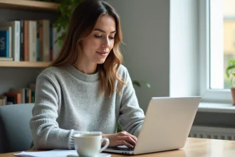 Femme consultante en marketing digital parcourant un blog de stratégie de contenu sur son ordinateur portable dans un bureau moderne à domicile
