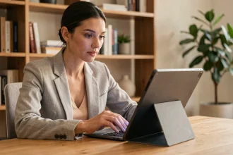 Femme professionnelle utilisant une tablette Android haut de gamme dans un bureau moderne en 2026