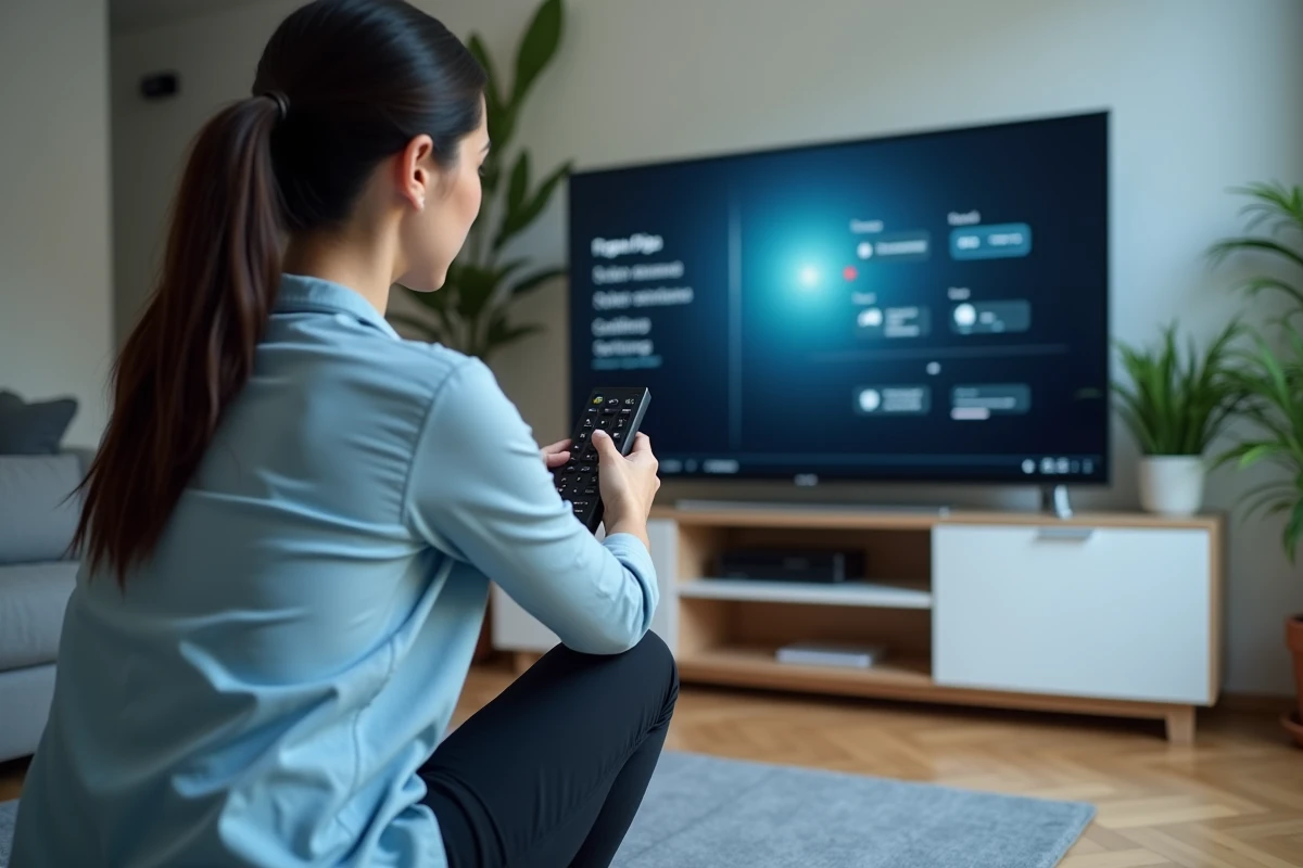 Femme appuyant sur les touches d'une télécommande Free devant un téléviseur affichant un menu de configuration