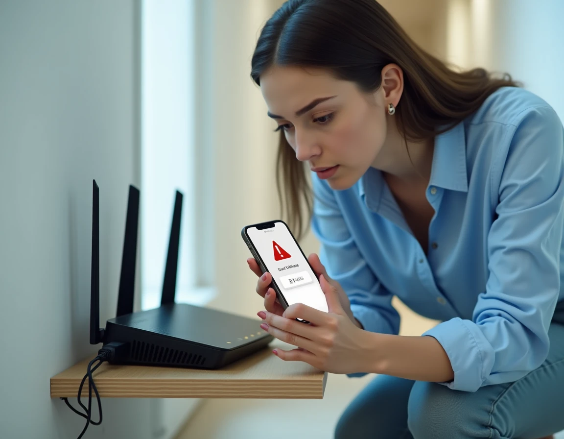 Femme vérifiant le résultat de test DNS en rouge sur son smartphone près d'un routeur internet